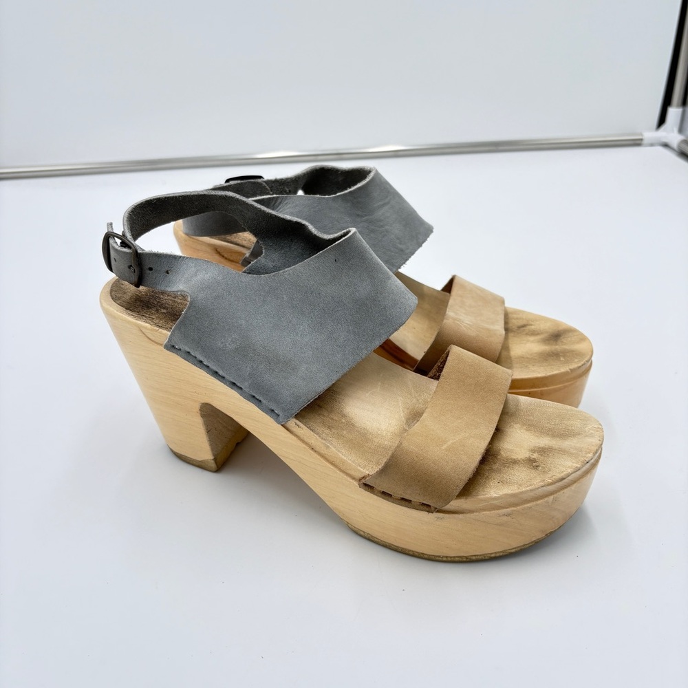 No 6 Harper Color Block Sandal Platform Heel Wooden Clog Leather Blue Tan 38 7.5